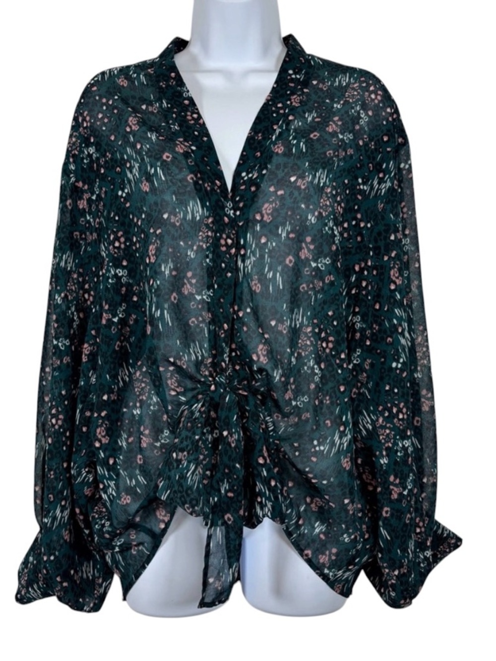 Sandy & Sid Sheer Floral Blouse Tie Front Boho Bell Sleeve Top SzXL Cottagecore